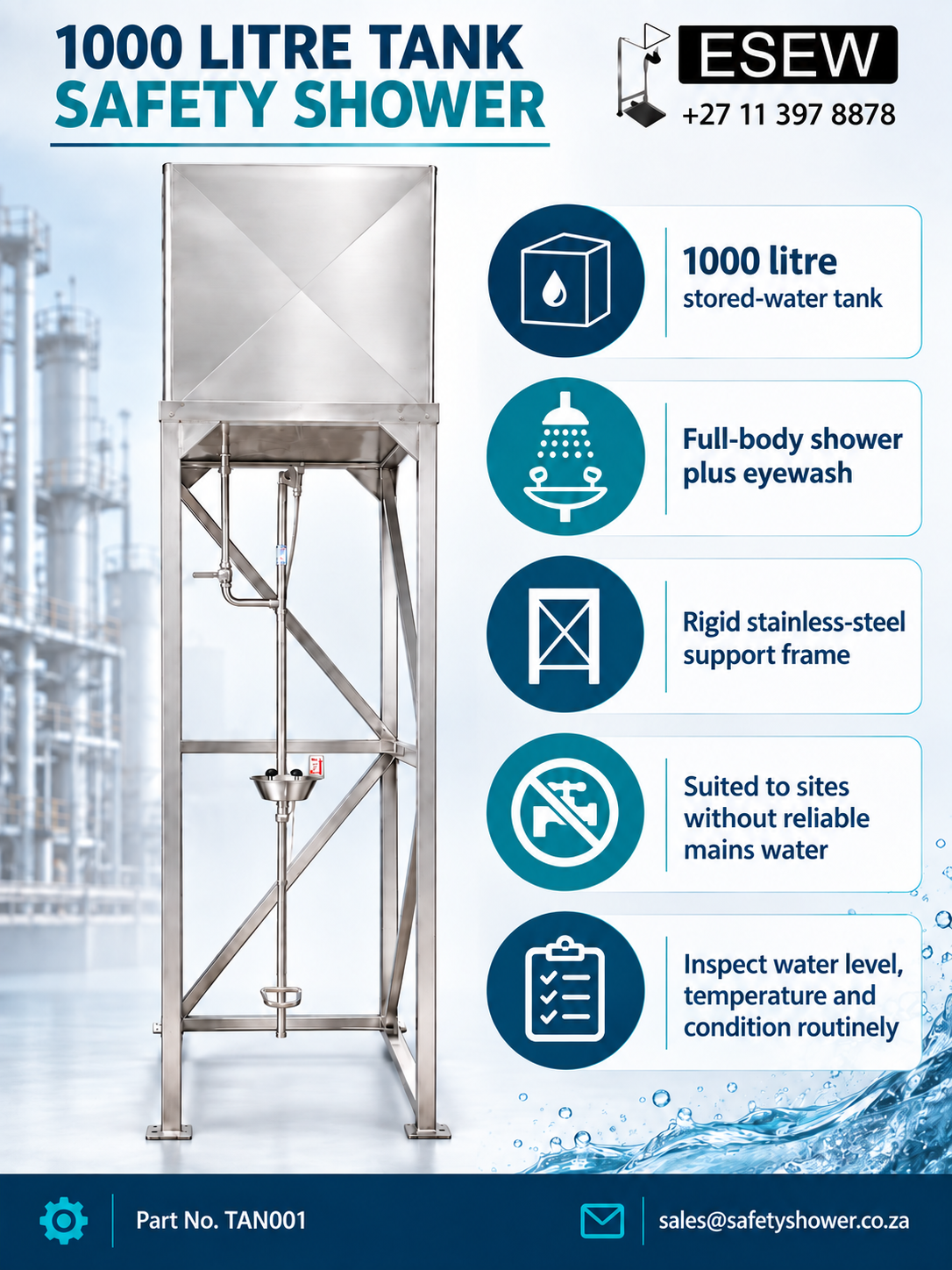 1000 litre tank safety shower infographic, part TAN001