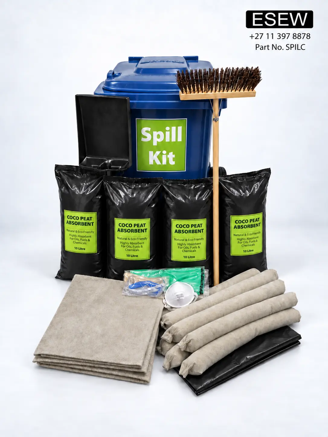 Chemical spill kit with absorbents, socks, pads, disposal bags, brush and dustpan, part SPILC