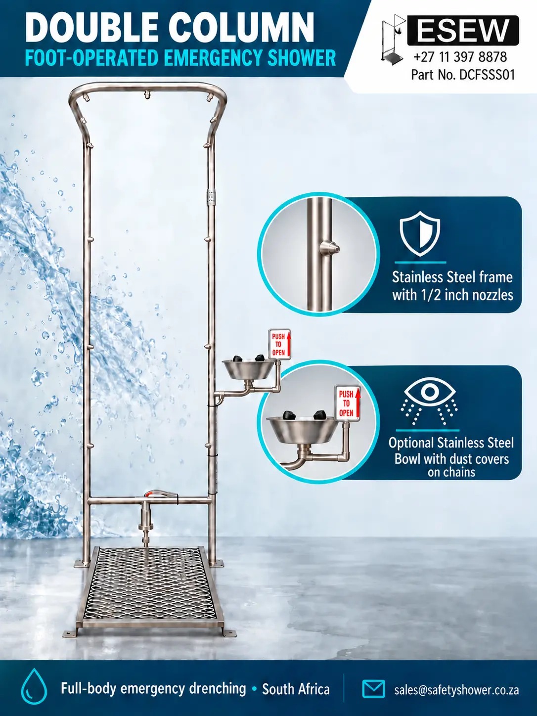Double column foot operated emergency shower summary infographic