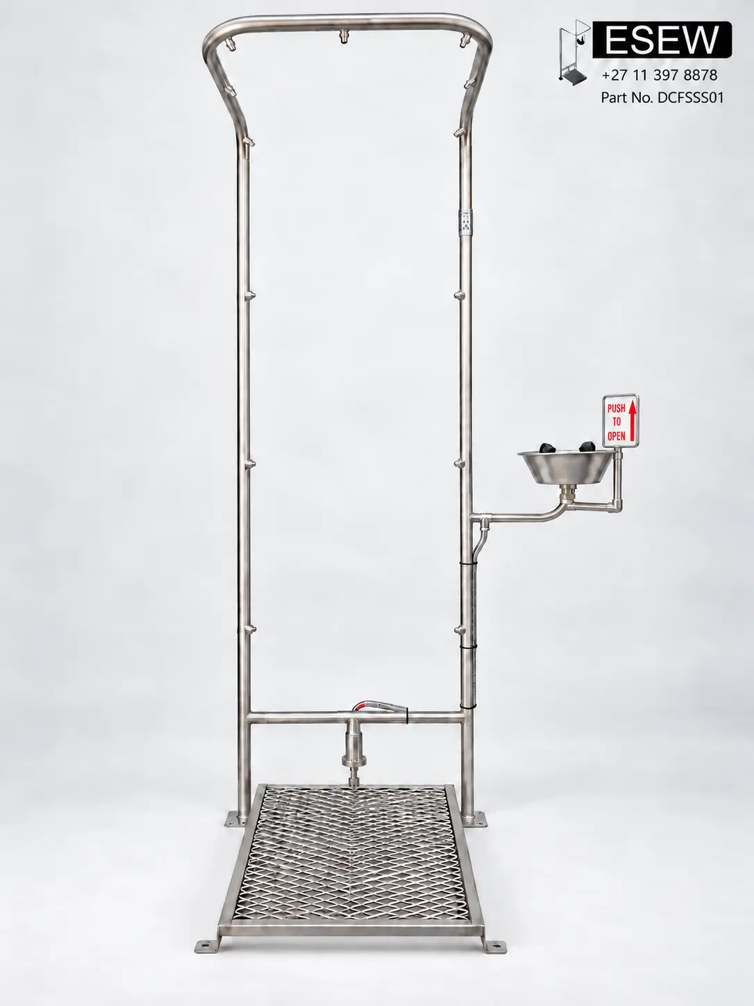 Double column foot operated bowl emergency shower with stainless steel bowl, part DCFSSS01