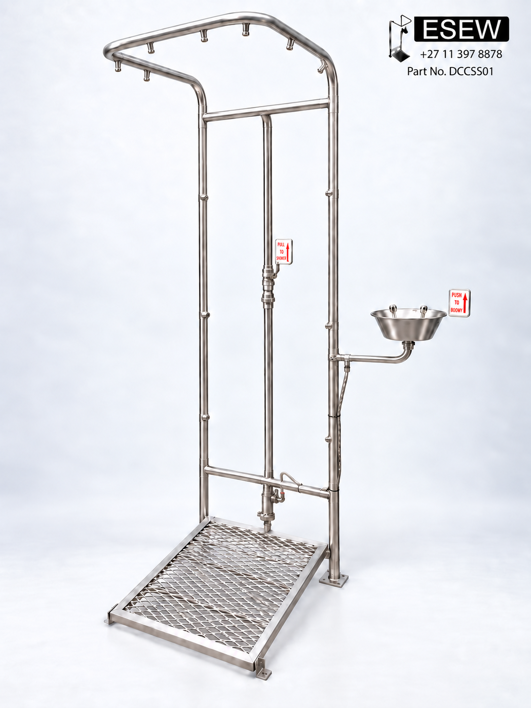 Double column hand and foot operated emergency shower, part DCCSS01, with exactly 13 quarter-inch spray nozzles