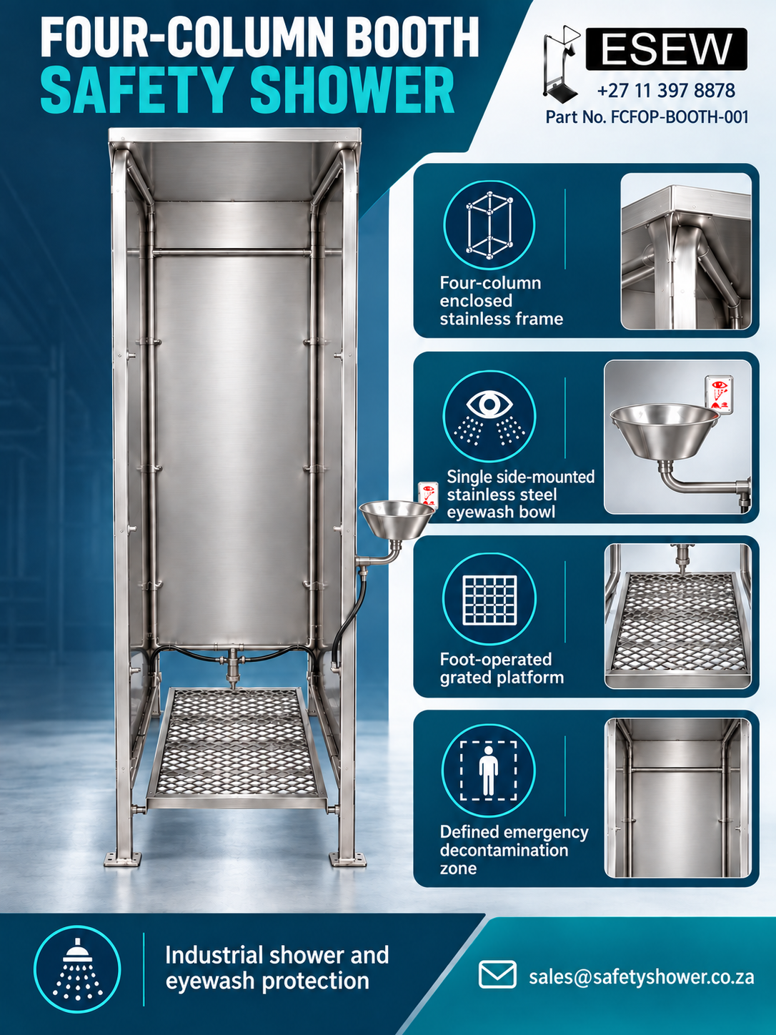 Four Column Booth safety shower infographic with one stainless steel eyewash bowl