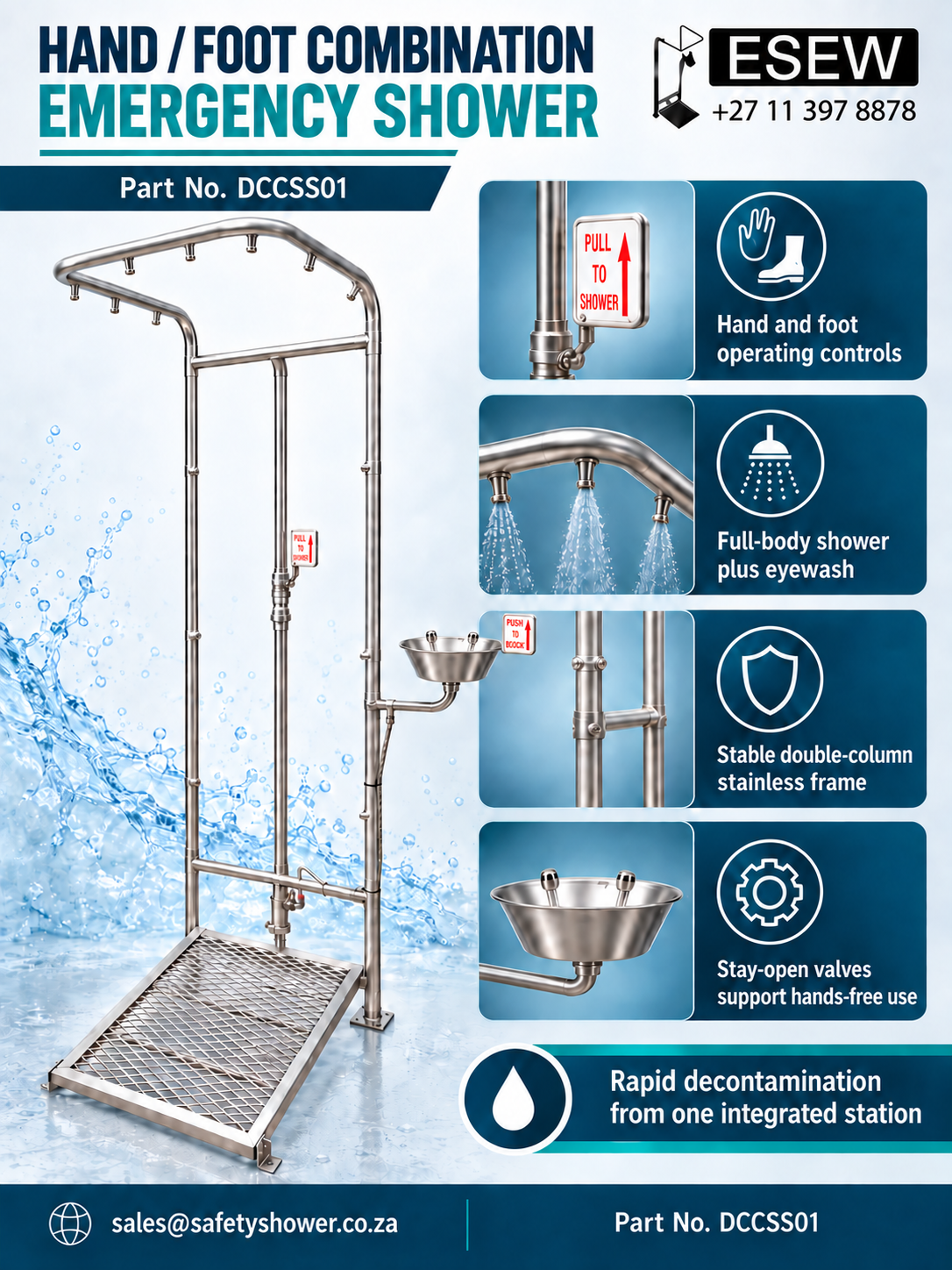 Hand and foot combination emergency shower infographic, part DCCSS01, with 13 spray nozzles