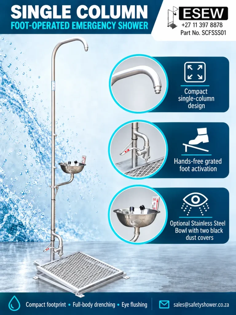 Single column foot-operated emergency shower infographic, part SCFSSS01