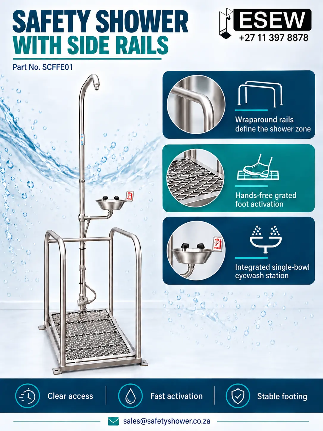 Safety shower with side rails summary infographic