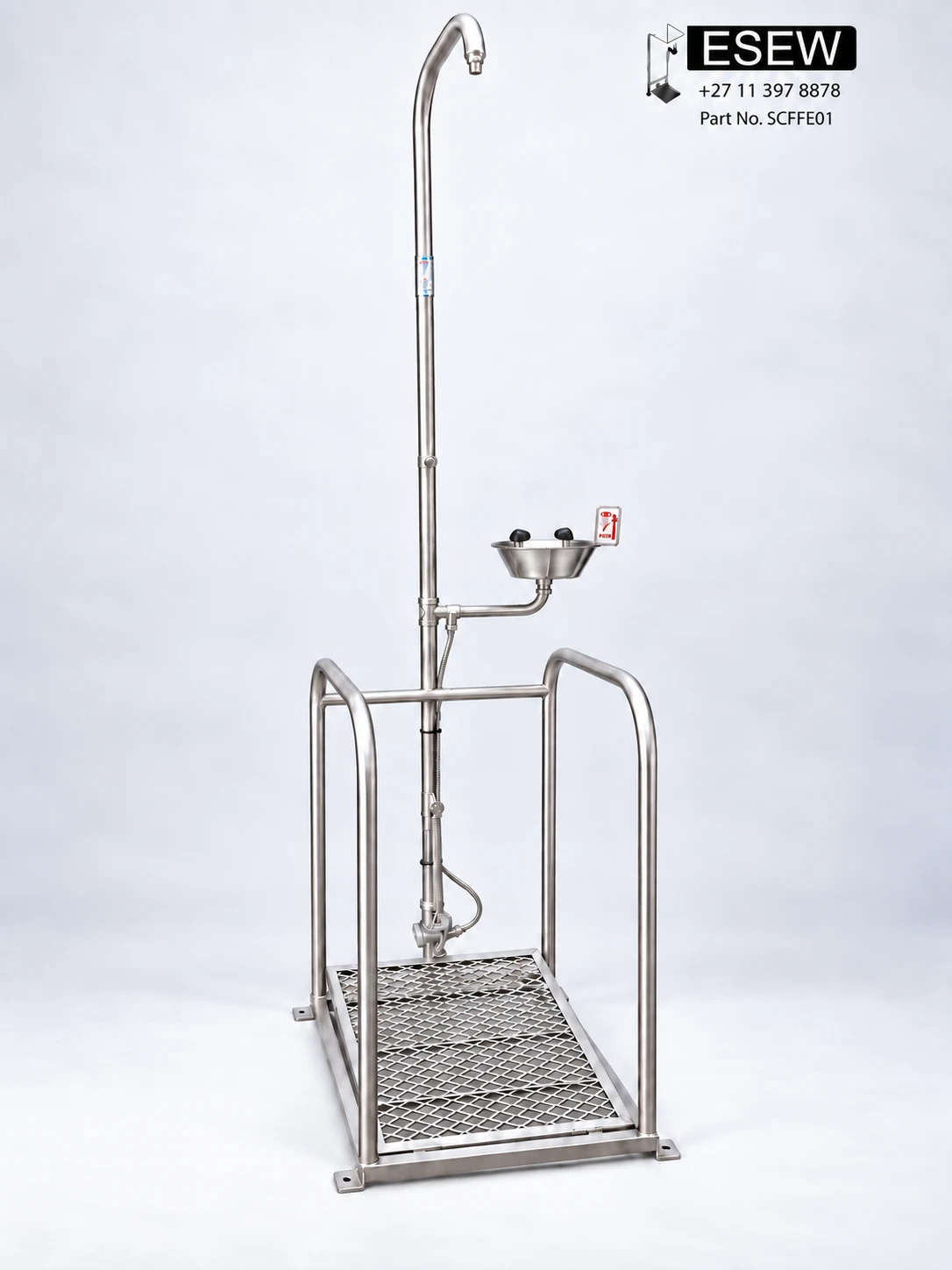 Single column foot operated safety shower with safety rails, one eyewash bowl and two black dust covers, part SCFFE01