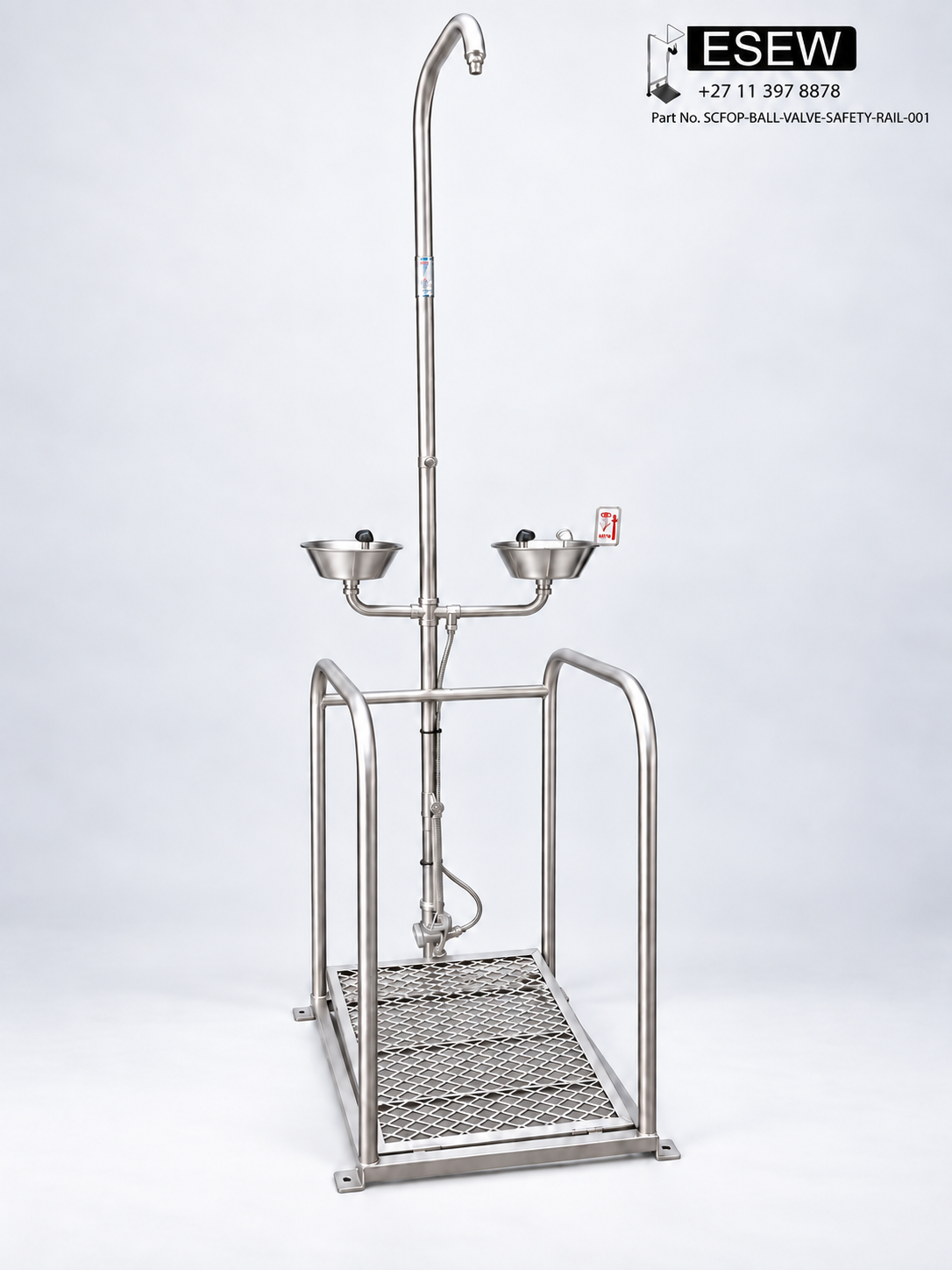 Single column foot-operated emergency shower with safety rails