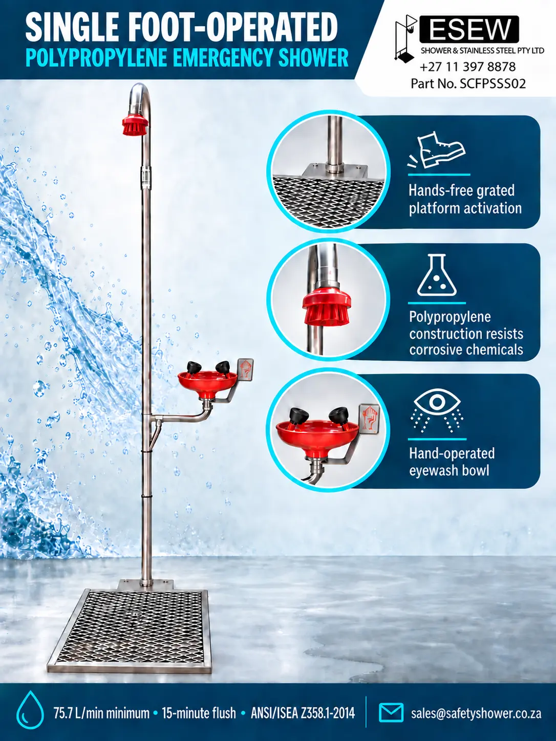 Single foot-operated polypropylene emergency shower SCFPSSS02 infographic with hand-operated eyewash bowl