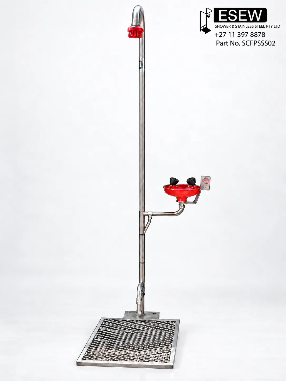 Foot operated shower with hand operated eyewash bowl, Part No. SCFPSSS02