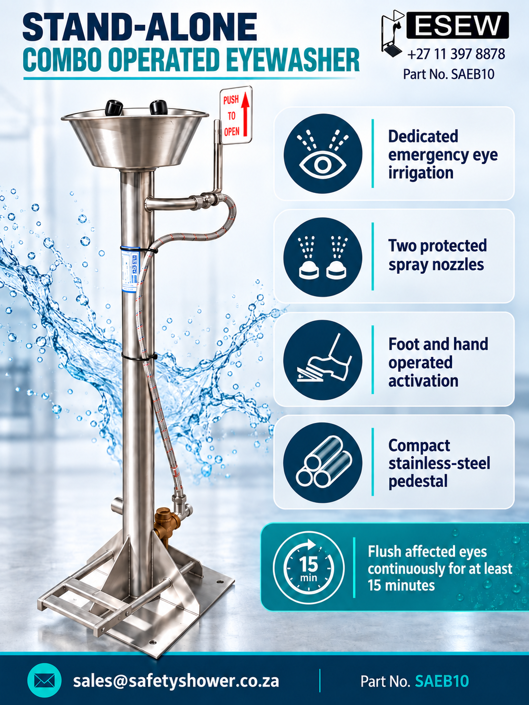 Stand Alone Combo Operated Eyewasher SAEB10 product infographic