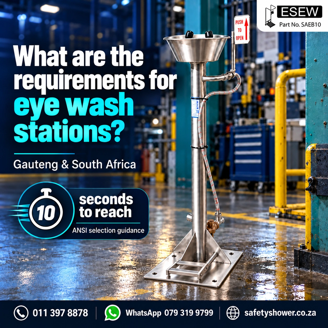 ESEW SAEB10 eyewasher with aligned foot pedal and mounting plate, eye wash stations requirements in Gauteng and South Africa